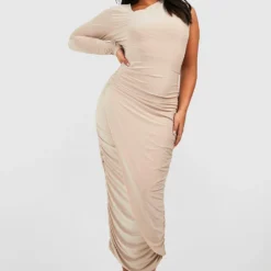 Grande Taille - Robe Mi-longue Froncée Asymétrique -Pas Cher Vêtue Diva Magasin gzz54560 stone xl 2