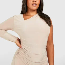 Grande Taille - Robe Mi-longue Froncée Asymétrique -Pas Cher Vêtue Diva Magasin gzz54560 stone xl 3