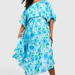 Grande Taille - Robe Mi-longue Plissée à Manches Bouffantes Et Imprimé Fleuri