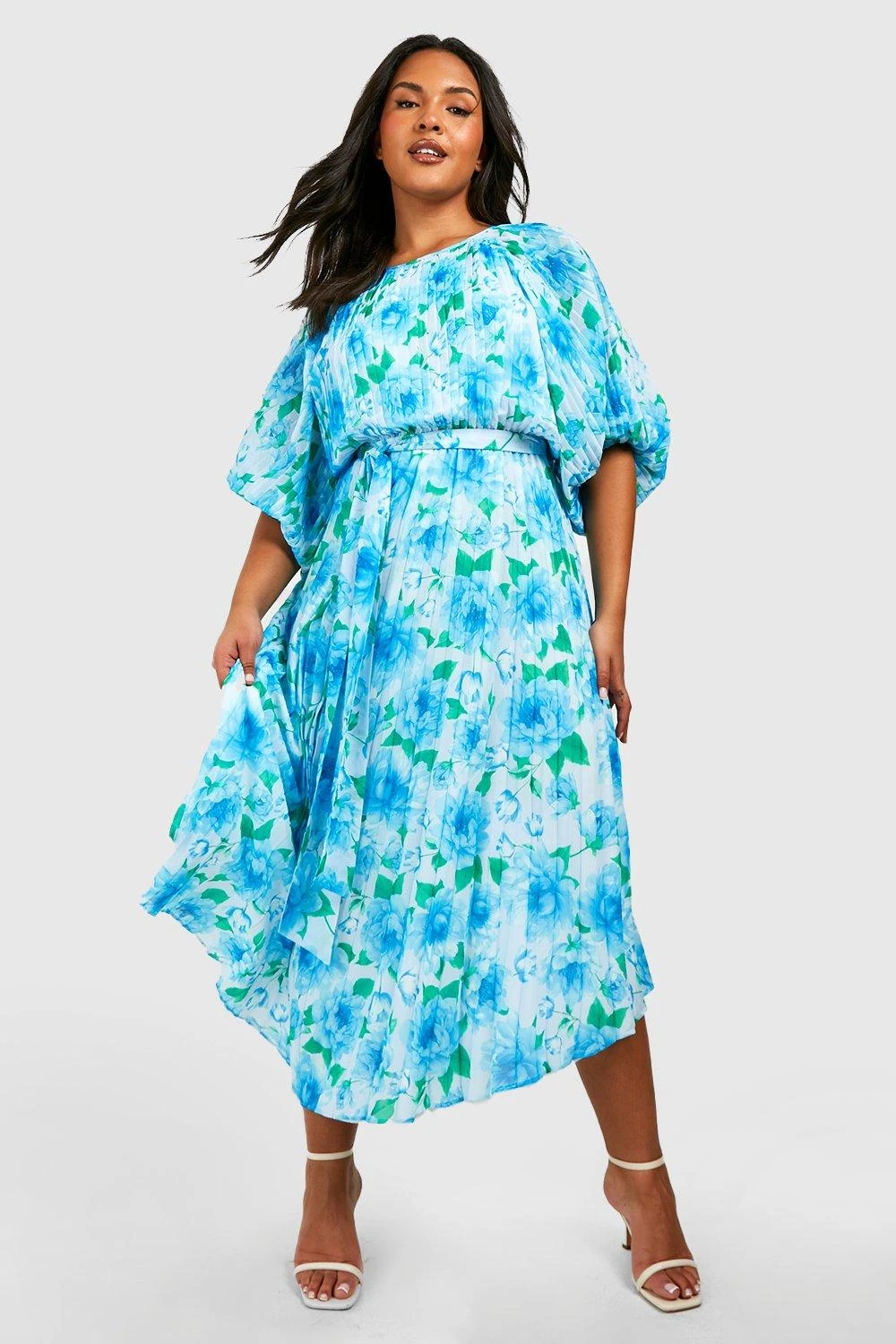 Grande Taille - Robe Mi-longue Plissée à Manches Bouffantes Et Imprimé Fleuri 3 Grande Taille - Robe Mi-longue Plissée à Manches Bouffantes Et Imprimé Fleuri