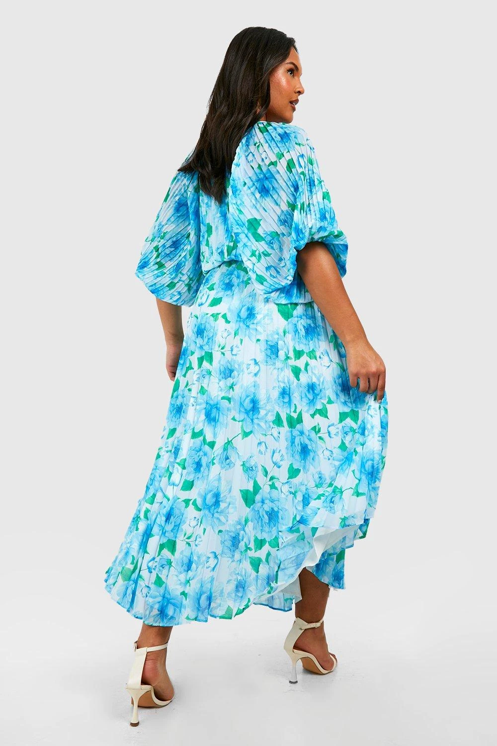 Grande Taille - Robe Mi-longue Plissée à Manches Bouffantes Et Imprimé Fleuri 4 Grande Taille - Robe Mi-longue Plissée à Manches Bouffantes Et Imprimé Fleuri – Image 2