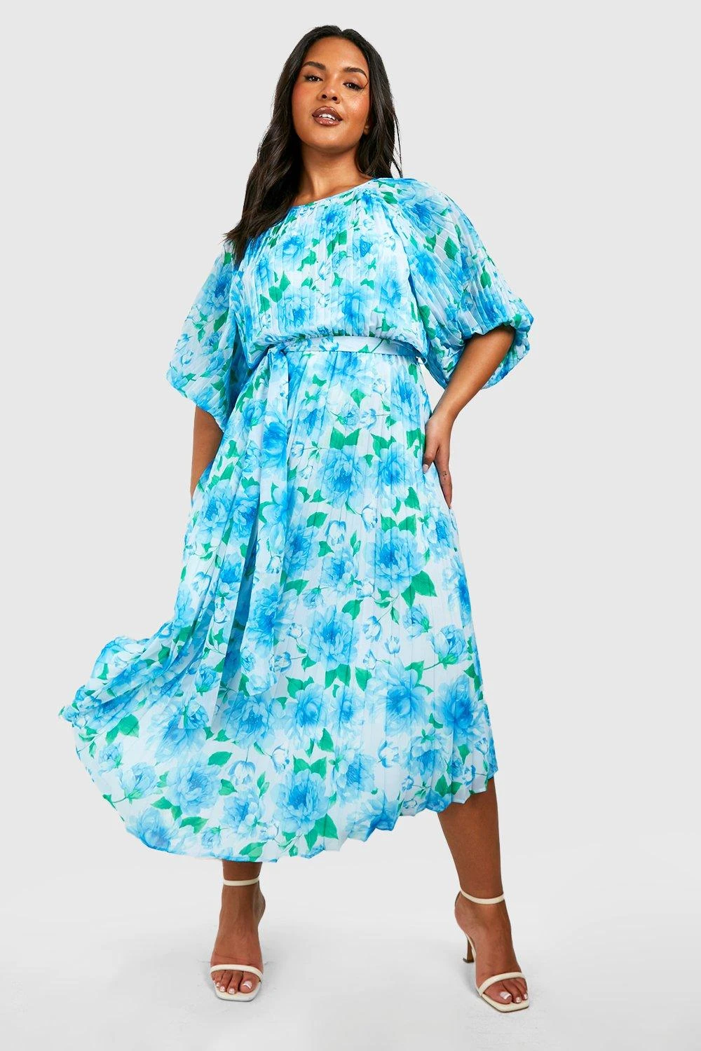 Grande Taille - Robe Mi-longue Plissée à Manches Bouffantes Et Imprimé Fleuri 5 Grande Taille - Robe Mi-longue Plissée à Manches Bouffantes Et Imprimé Fleuri – Image 3