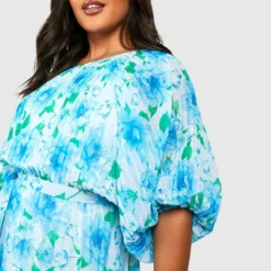 Grande Taille - Robe Mi-longue Plissée à Manches Bouffantes Et Imprimé Fleuri 9 Grande Taille - Robe Mi-longue Plissée à Manches Bouffantes Et Imprimé Fleuri -Pas Cher Vêtue Diva Magasin gzz55112 blue xl 3
