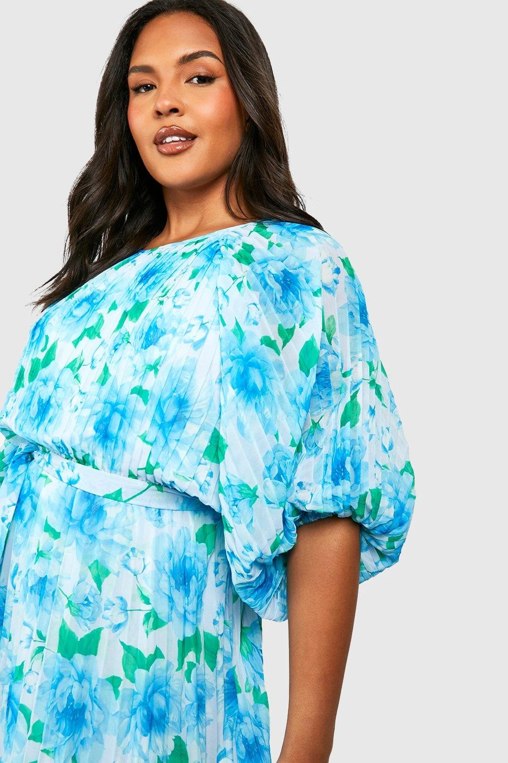 Grande Taille - Robe Mi-longue Plissée à Manches Bouffantes Et Imprimé Fleuri 6 Grande Taille - Robe Mi-longue Plissée à Manches Bouffantes Et Imprimé Fleuri – Image 4