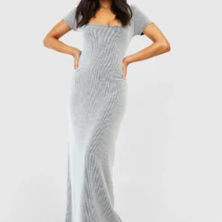 Petite - Robe Longue Côtelée à Manches Courtes -Pas Cher Vêtue Diva Magasin gzz55310 black xl 2