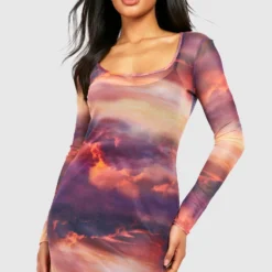 Robe Mi-longue En Mesh à Imprimé Nuages -Pas Cher Vêtue Diva Magasin gzz55511 orange xl 3 scaled