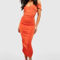 Petite - Robe Soyeuse Froncée à épaules Dénudées 8 Petite - Robe Soyeuse Froncée à épaules Dénudées -Pas Cher Vêtue Diva Magasin gzz55837 orange xl 2
