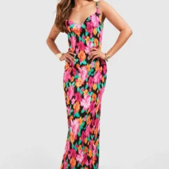 Robe Longue Fleurie Plissée -Pas Cher Vêtue Diva Magasin gzz55886 pink xl 2