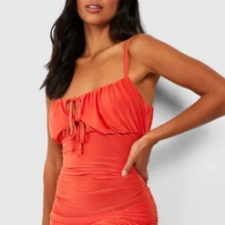 Petite - Robe Mi-longue Froncée Nouée -Pas Cher Vêtue Diva Magasin gzz55931 orange xl 3