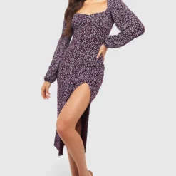 Robe Mi-longue Fleurie Froncée