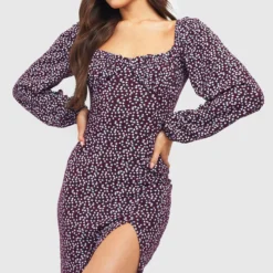 Robe Mi-longue Fleurie Froncée -Pas Cher Vêtue Diva Magasin gzz56437 maroon xl 2