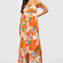 Maternité - Robe De Grossesse Longue Froncée à épaules Dénudées -Pas Cher Vêtue Diva Magasin gzz57068 orange xl 2