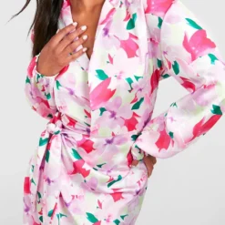 Robe Portefeuille Satinée Fleurie -Pas Cher Vêtue Diva Magasin gzz57206 pink xl 3