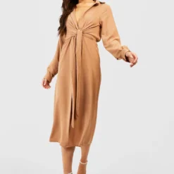 Robe Chemise Martelée Nouée -Pas Cher Vêtue Diva Magasin gzz57377 camel xl 2
