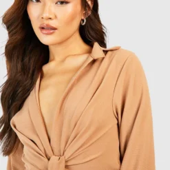 Robe Chemise Martelée Nouée -Pas Cher Vêtue Diva Magasin gzz57377 camel xl 3