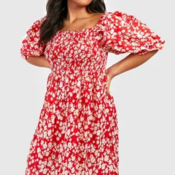 Grande Taille - Robe Babydoll à Imprimé Fleuri -Pas Cher Vêtue Diva Magasin gzz57661 red xl 2