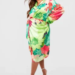 Grande Taille - Robe Portefeuille Satinée Fleurie -Pas Cher Vêtue Diva Magasin gzz57914 green xl 2