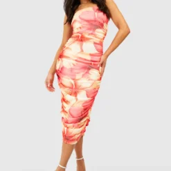 Petite - Robe Bandeau Fleurie Froncée -Pas Cher Vêtue Diva Magasin gzz58263 orange xl 2 scaled