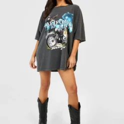 Petite - Robe T-shirt Surteint Imprimé Moto