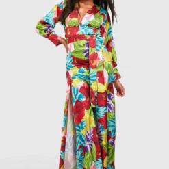 Robe Longue Fendue Satinée Imprimée