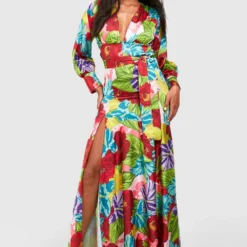 Robe Longue Fendue Satinée Imprimée 8 Robe Longue Fendue Satinée Imprimée -Pas Cher Vêtue Diva Magasin gzz58330 multi xl 2