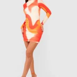 Robe Courte Abstraite à Manches Longues -Pas Cher Vêtue Diva Magasin gzz58457 orange xl 2