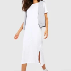 Robe Mi-longue Basique à Manches Courtes -Pas Cher Vêtue Diva Magasin gzz59199 white xl 2