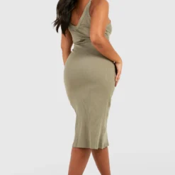 Grande Taille - Robe Mi-longue Côtelée Boutonnée -Pas Cher Vêtue Diva Magasin gzz59449 khaki xl 1 scaled
