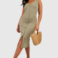 Grande Taille - Robe Mi-longue Côtelée Boutonnée -Pas Cher Vêtue Diva Magasin gzz59449 khaki xl 2 scaled