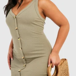 Grande Taille - Robe Mi-longue Côtelée Boutonnée -Pas Cher Vêtue Diva Magasin gzz59449 khaki xl 3 scaled