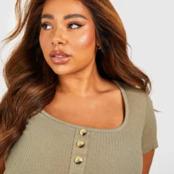 Grande Taille - Robe Courte Boutonnée à Manches Courtes -Pas Cher Vêtue Diva Magasin gzz59452 khaki xl 3