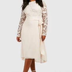 Grande Taille - Robe Mi-longue Habillée à Dentelle Contrastante -Pas Cher Vêtue Diva Magasin pzz01453 cream xl 2