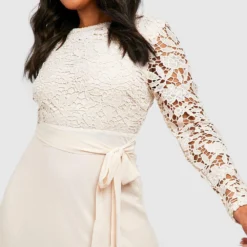 Grande Taille - Robe Mi-longue Habillée à Dentelle Contrastante -Pas Cher Vêtue Diva Magasin pzz01453 cream xl 3