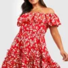 Grande Taille - Robe Patineuse Fleurie à épaules Dénudées -Pas Cher Vêtue Diva Magasin pzz01718 red xl