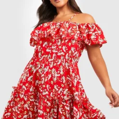 Grande Taille - Robe Patineuse Fleurie à épaules Dénudées