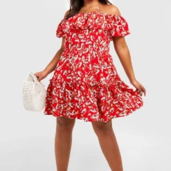 Grande Taille - Robe Patineuse Fleurie à épaules Dénudées -Pas Cher Vêtue Diva Magasin pzz01718 red xl 2