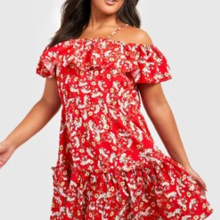 Grande Taille - Robe Patineuse Fleurie à épaules Dénudées -Pas Cher Vêtue Diva Magasin pzz01718 red xl 3