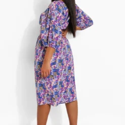 Grande Taille - Robe Mi-longue à Manches Bouffantes Et Imprimé Fleuri -Pas Cher Vêtue Diva Magasin pzz05383 blue xl 1