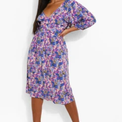Grande Taille - Robe Mi-longue à Manches Bouffantes Et Imprimé Fleuri -Pas Cher Vêtue Diva Magasin pzz05383 blue xl 2