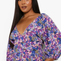 Grande Taille - Robe Mi-longue à Manches Bouffantes Et Imprimé Fleuri -Pas Cher Vêtue Diva Magasin pzz05383 blue xl 3