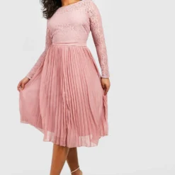 Grande Taille - Robe Mi-longue En Dentelle Effet Plissé -Pas Cher Vêtue Diva Magasin pzz08459 blush xl 2