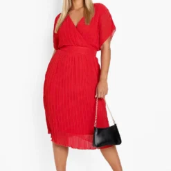 Grande Taille - Robe Cache-cœur Mi-longue Plissée -Pas Cher Vêtue Diva Magasin pzz08490 red xl 2
