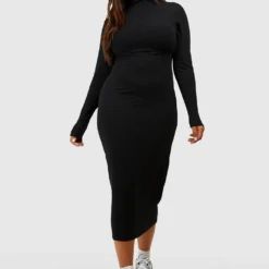 Grande Taille - Robe Mi-longue à Col Roulé En Maille Côtelée Douce