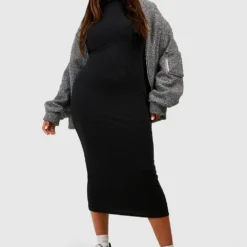 Grande Taille - Robe Mi-longue à Col Roulé En Maille Côtelée Douce 8 Grande Taille - Robe Mi-longue à Col Roulé En Maille Côtelée Douce -Pas Cher Vêtue Diva Magasin pzz08981 black xl 2