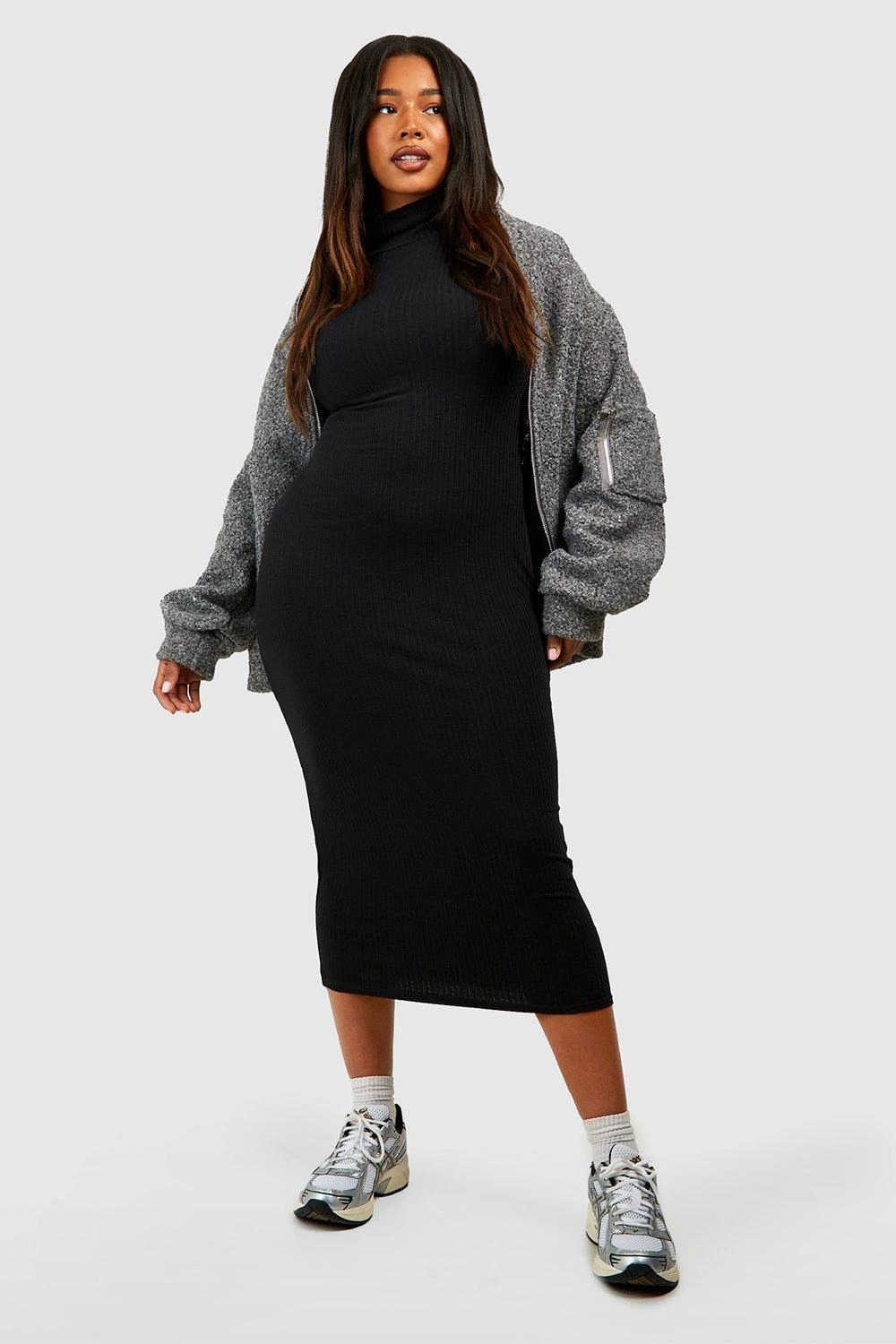 Grande Taille - Robe Mi-longue à Col Roulé En Maille Côtelée Douce 5 Grande Taille - Robe Mi-longue à Col Roulé En Maille Côtelée Douce – Image 3