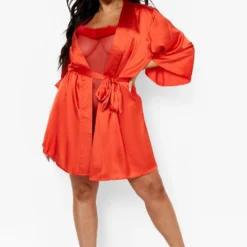 Grande Taille - Robe De Chambre Satinée Style Kimono -Pas Cher Vêtue Diva Magasin pzz09764 red xl 2