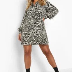 Grande Taille - Robe Chemise Oversize à Imprimé Léopard