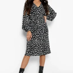 Petite - Robe Mi-longue Froncée à Imprimé Taches -Pas Cher Vêtue Diva Magasin pzz09919 black xl 2