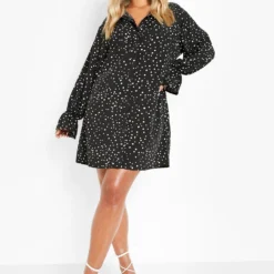 Grande Taille - Robe Chemise Volantée à Imprimé Taches -Pas Cher Vêtue Diva Magasin pzz09930 black xl 2