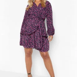 Grande Taille - Robe Portefeuille à Imprimé Fleuri -Pas Cher Vêtue Diva Magasin pzz10032 purple xl 2